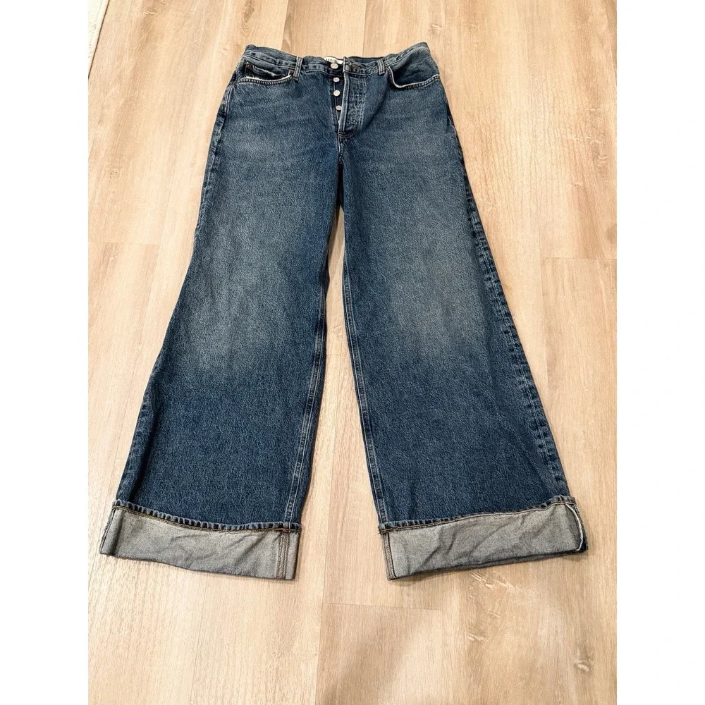 AGOLDE Dame Wide Leg Cuffed Jeans 30 High Rise Dark Wash 100% Cotton